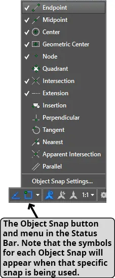object snap menu in status bar