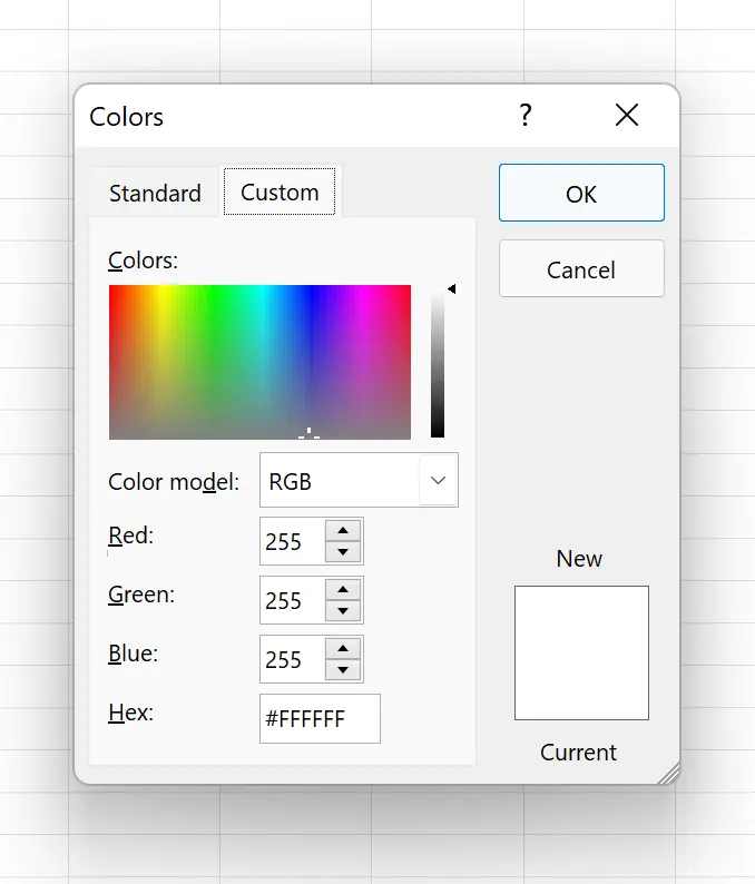 Excel Fill Color dropdown and More Colors dialog box for choosing custom background colors