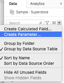 Tableau data panel showing the dropdown menu with the parameter option selected