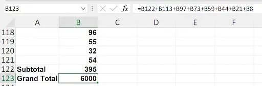 Excel formula bar showing a long SUM formula manually selecting each subtotal cell