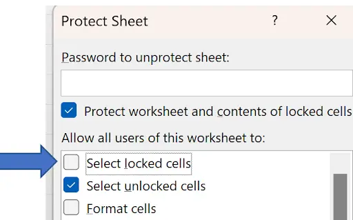 Excel Protect Sheet dialog with checkboxes for allowed user actions