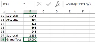 Excel cell showing the simple formula =SUM(B1:B37)/2 producing the correct grand total