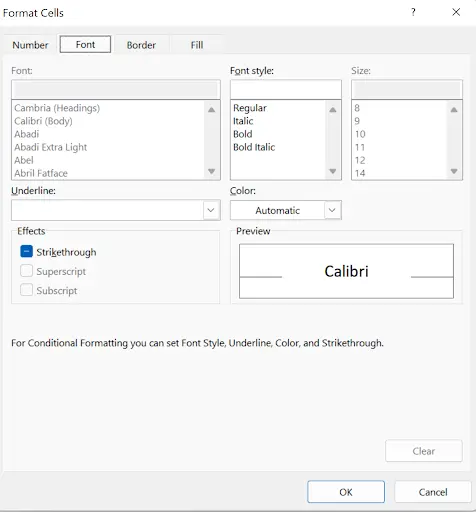 Format Cells dialog for custom conditional formatting with font, border, and fill tabs