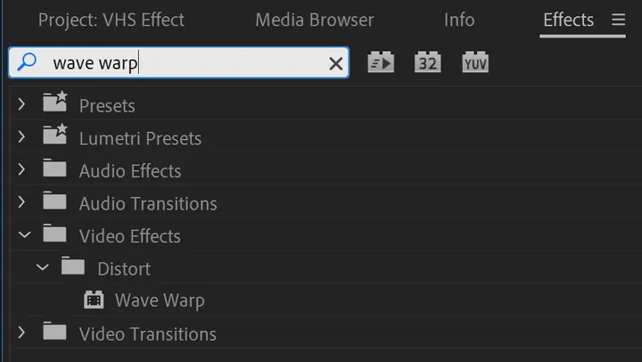 After Effects Effects panel with Wave Warp effect search results