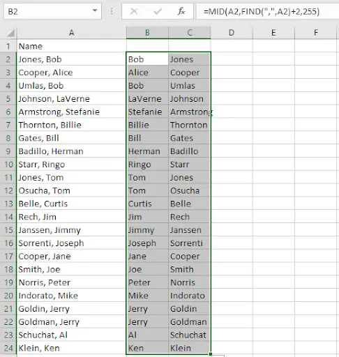 Excel name separation formula - step 7