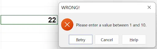 Custom error alert dialog displayed when an invalid value is entered in a validated cell