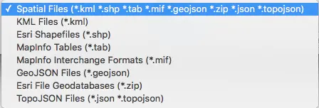 Screenshot of the file selection dialog for ‘Spatial Files, ’ showing supported formats such as KML, Shapefiles, MapInfo tables, GeoJSON, and TopoJSON.
