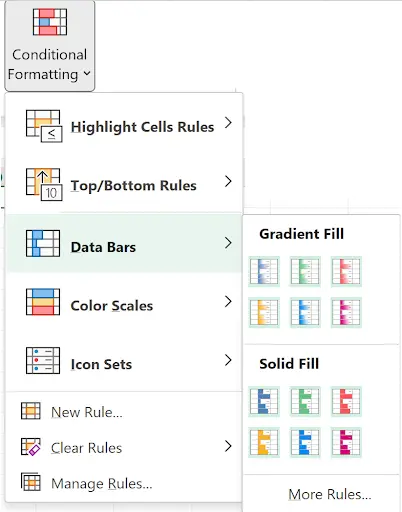 Data Bars submenu showing gradient fill and solid fill color options