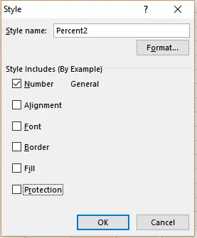 Screenshot of an Excel 'Style' dialog box named 'Percent2, ' showing the 'Number' style set to General and other style options (Alignment, Font, Border, Fill, Protection) unselected.