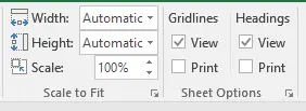 Excel Page Layout tab Scale to Fit group with Width, Height, and Scale options
