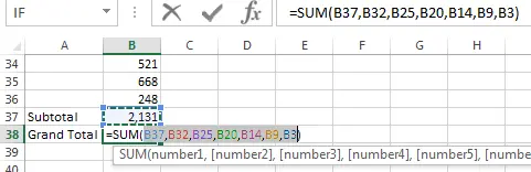 Excel formula created by ALT+= shortcut automatically detecting and summing all subtotal cells