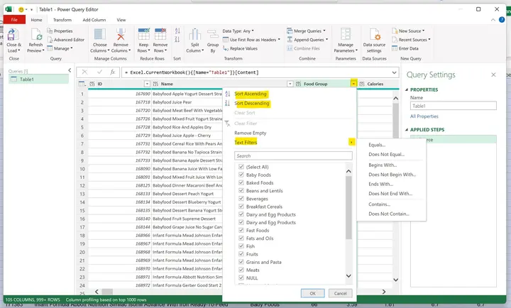 Sorting amp Filtering Options for a Text Field