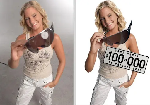 A smiling blonde woman wearing a light-colored, floral-patterned tank top and white cargo pants, holding a large pair of sunglasses toward the camera. Next to her is a similar edited version of the photo where she holds a sign reading, 'Gana hasta $100-000 tu patente 2020.'