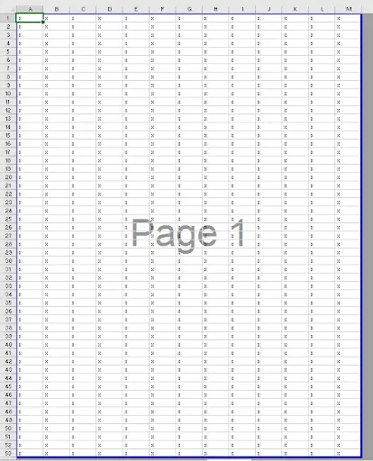 Page Break Preview with page breaks manually dragged to the edges