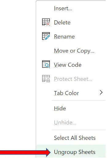 Right-click menu on sheet tab showing the Ungroup Sheets option
