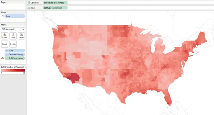 Screenshot of a United States map in a data visualization tool (e.g., Tableau), with each county or state shaded in varying intensities of red based on the SUM(Number of Records).