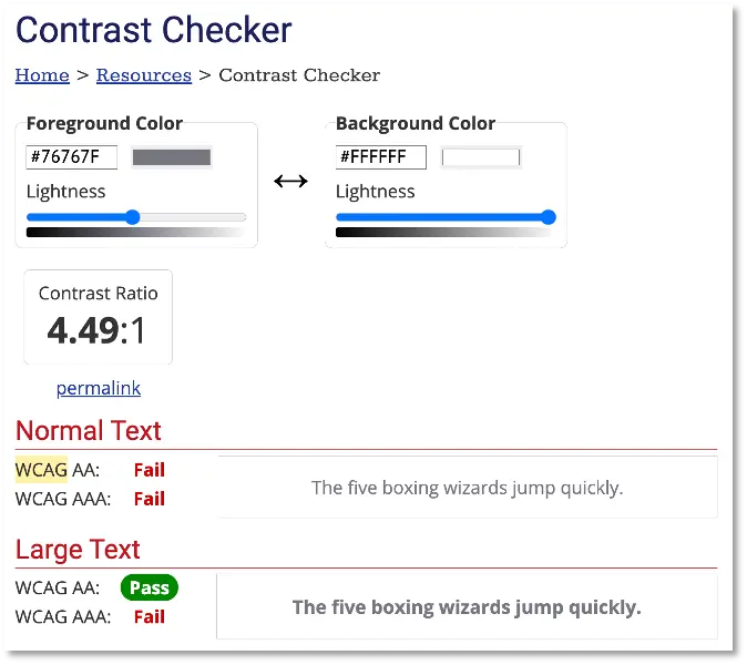 Digital content checker showing two sets of type: a sentence written in a smaller font marked FAIL and a sentence in a larger font marked PASS