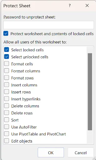 Excel Protect Sheet dialog with checkboxes for allowed user actions