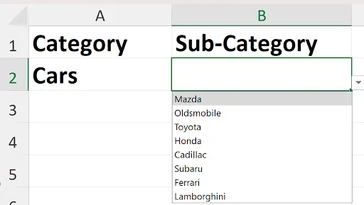 Cascading data validation with Cars selected in A2 showing car brands in B2 dropdown