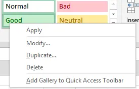 Right-click context menu on the Good cell style showing Apply, Modify, Duplicate, and Delete options
