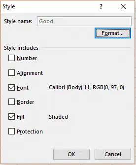 Screenshot of an Excel 'Style' dialog box named 'Good, ' displaying configured options for font (Calibri, Body 11, RGB(0,97,0)), fill shading, and other style settings.