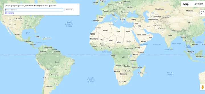 Screenshot of a web-based map interface displaying the world map in default Map/Satellite view. A text field prompts, 'Enter a query to geocode or click on the map to reverse geocode, ' allowing users to search or perform reverse geocoding.