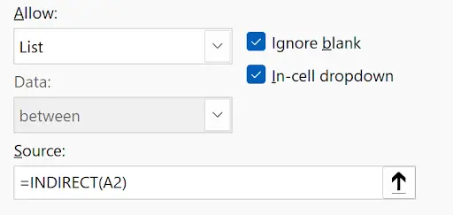 Data Validation Settings tab showing INDIRECT function formula for cascading dropdown lists