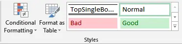 Cell styles gallery showing the TopSingleBottomDouble custom style with border preview