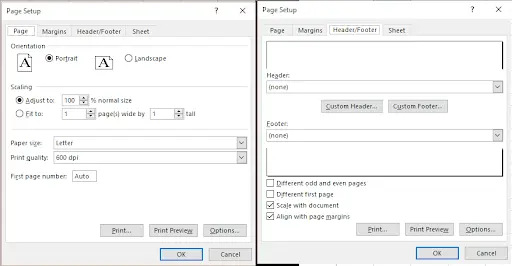 Screenshot of the Microsoft Excel Page Setup dialog box, with the ‘Page’ tab on the left displaying orientation, scaling, and paper size options, and the ‘Header/Footer’ tab on the right showing header and footer customization fields.
