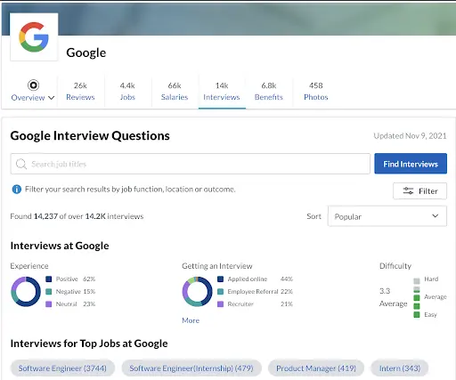 Glassdoor interview reports filtered by position showing hiring outcomes and questions