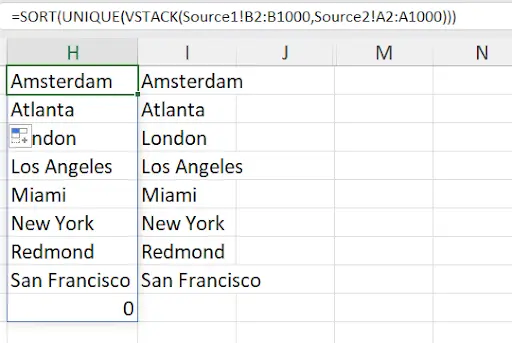 Excel cells showing the VSTACK and UNIQUE formula creating a sorted list of cities from both sources