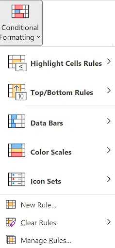 Excel Conditional Formatting dropdown menu on the Home tab ribbon showing all formatting options