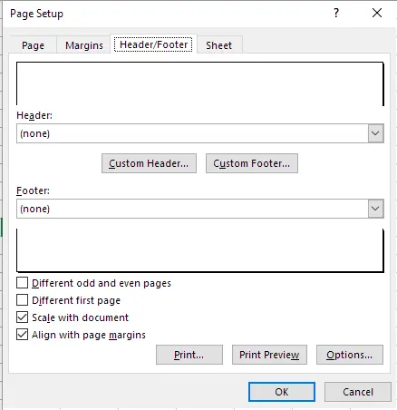Excel Page Setup dialog showing Header/Footer tab options