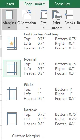 Intro To Excel Page Layout 1 example showing if you click the dropdown arrow below the margins icon, you
