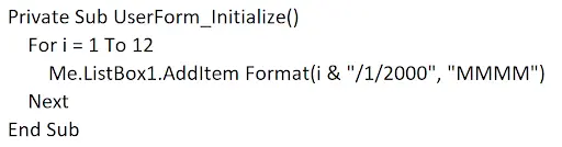 VBA code using a For loop and Format function to populate a ListBox with month names