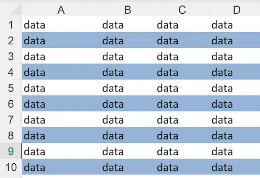 Excel spreadsheet with alternating row colors applied using MOD and ROW conditional formatting formula