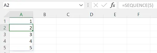 Excel SEQUENCE function generating a dynamic array of sequential numbers