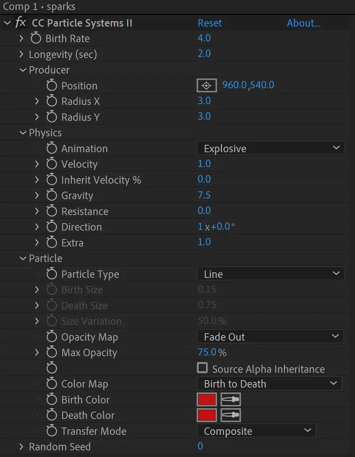 After Effects particle color and opacity gradient settings