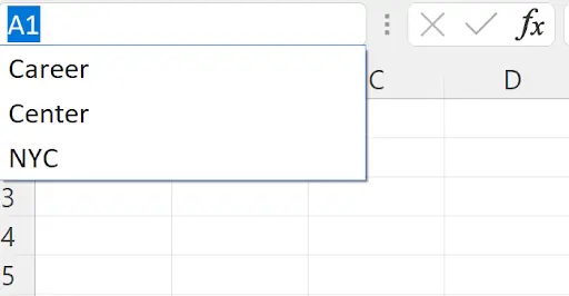 Excel Name Box dropdown showing three defined range names