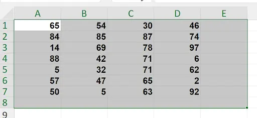 Excel spreadsheet with selection including the extra row and column for the ALT+= shortcut trick