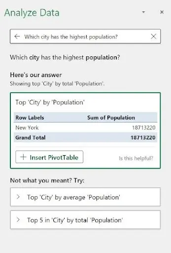 Additional suggested questions in the Analyze Data panel