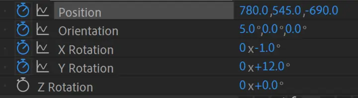 After Effects timeline showing Position, Orientation, and Rotation keyframes for the camera layer