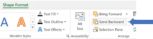 Excel Shape Format tab showing Send Backward option in the Arrange group