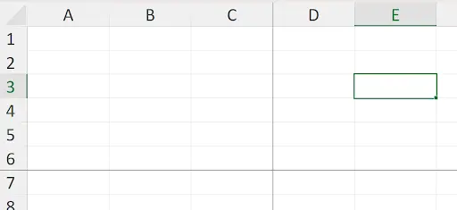 Excel worksheet with frozen panes showing CTRL+Home selecting cell D7