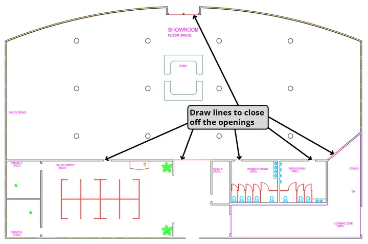 furniture showroom draw lines close off openings