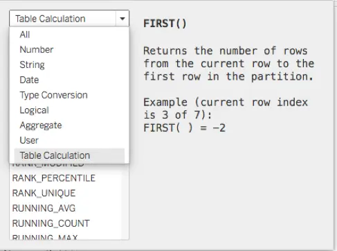 Tableau calculation editor showing list of all available Table Calculation functions