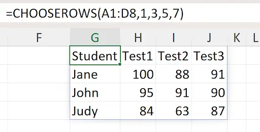 Excel CHOOSEROWS function selecting specific rows from a range by index