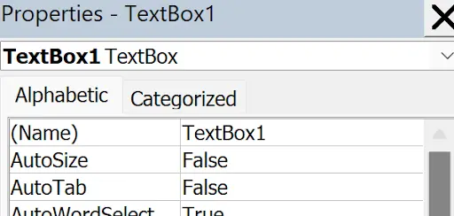 Forms With Vba In Excel example showing in the properties – if i click the name textbox, the propert