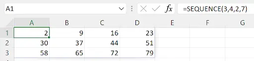 Excel SEQUENCE function generating a dynamic array of sequential numbers