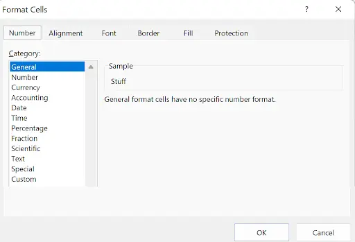 Excel Format Cells dialog box showing all formatting options accessed via CTRL+1